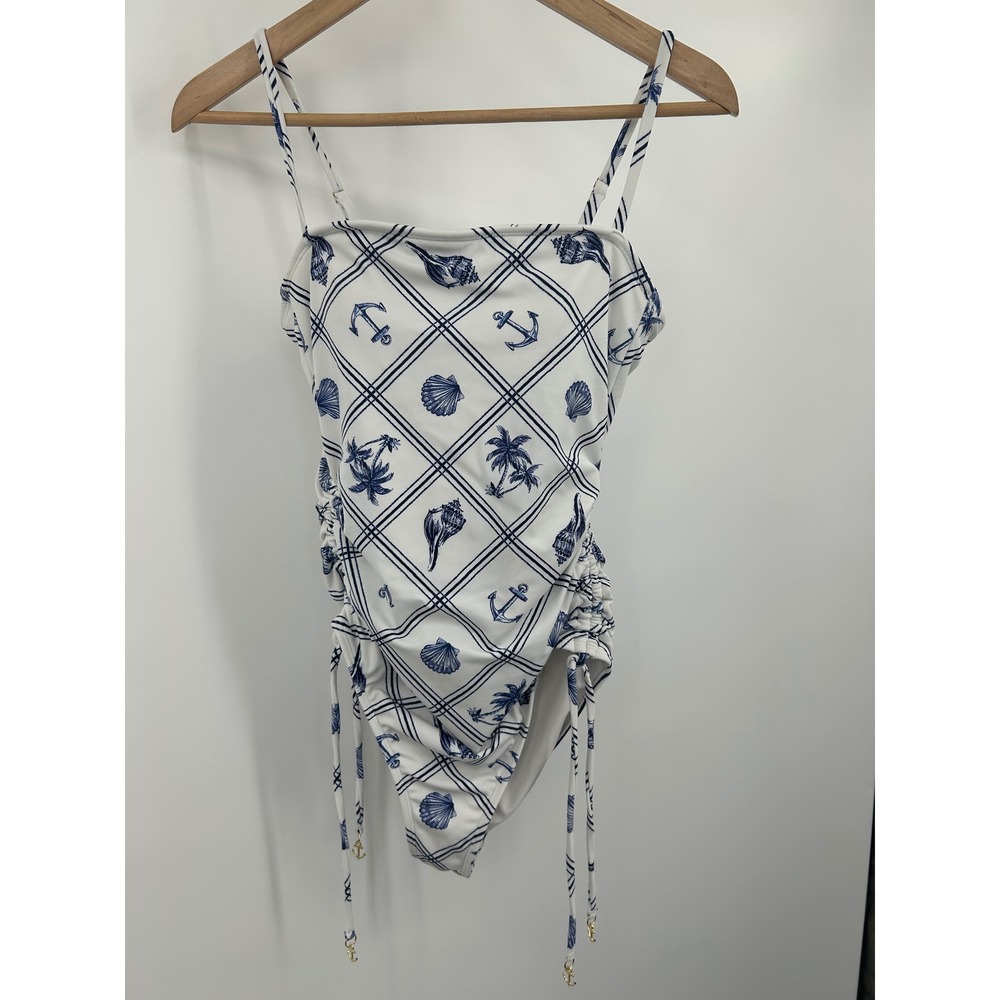 Shade & Shore Womens Nautical Print One Piece Swimsuit Blue White Anchor Medium
